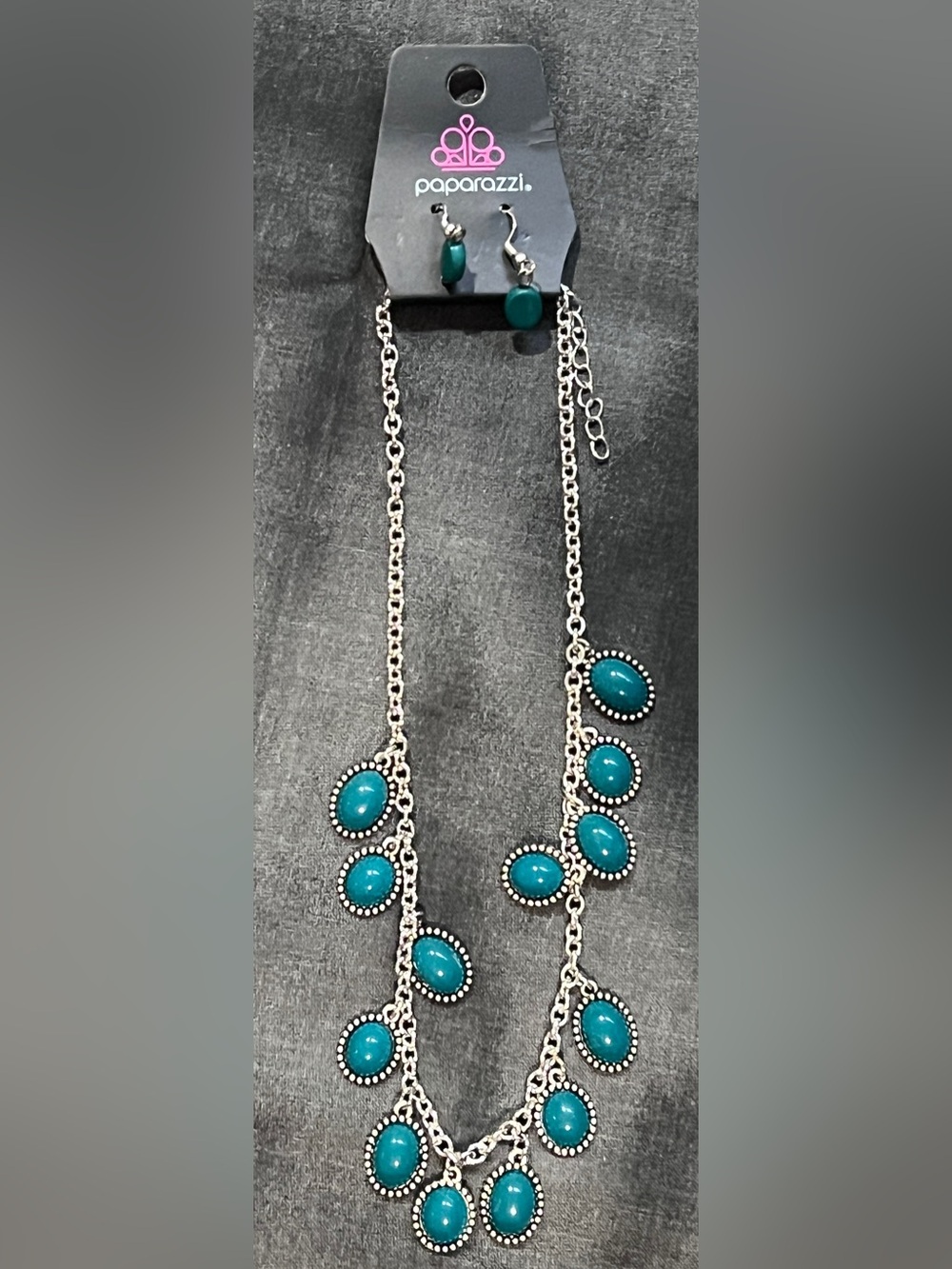 Paparazzi Teal Cabochon Silver-Tone Necklace and Earrings Set